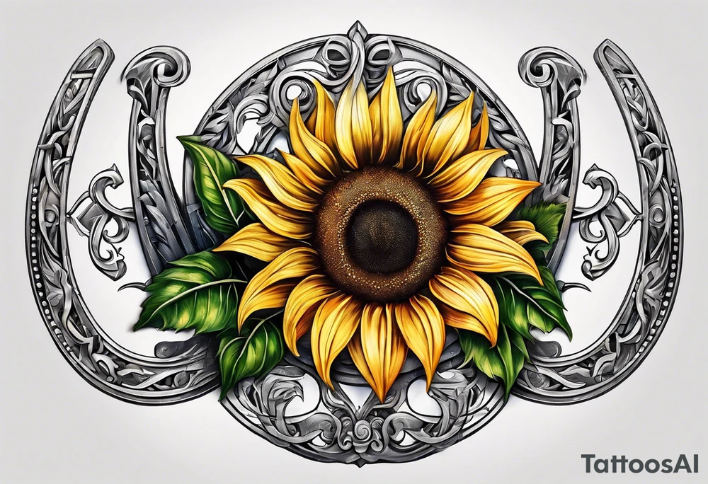 A steel horseshoe with a sunflower in the center tattoo idea