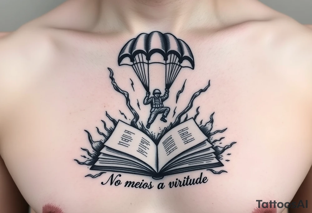 A parachuting soldier landing into an open book. Chaos surrounding, but the book is protecting the soldier from it. On the chest. Make the tattoo smaller. Make it thought provoking. "No meio esta a virtude" underneath the book. Make the chaos in the environment be a thunderstorm tattoo idea