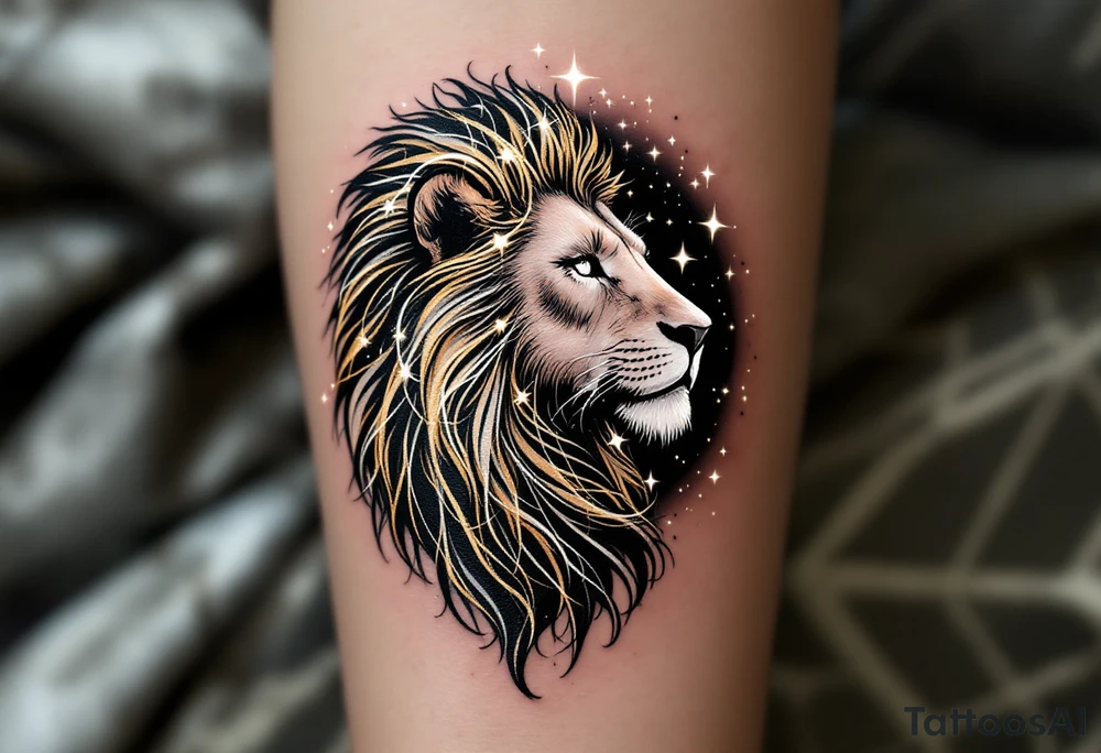 A stylized lion made of swirling gold lines emerges from a starry sky, with the Leo star constellation glowing in white across its mane. tattoo idea