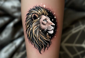 A stylized lion made of swirling gold lines emerges from a starry sky, with the Leo star constellation glowing in white across its mane. tattoo idea