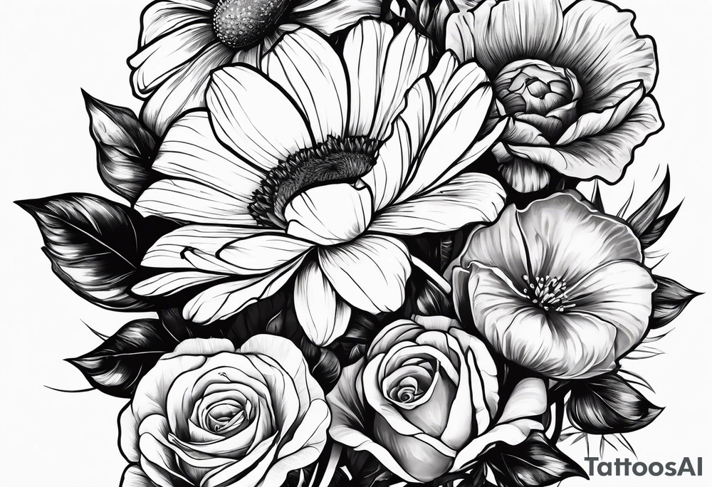A sleeve of a single daisy and a rose with poppies and gladiolus flowers weaving through the daisy and rose tattoo idea