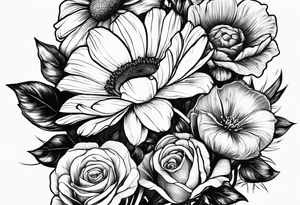 A sleeve of a single daisy and a rose with poppies and gladiolus flowers weaving through the daisy and rose tattoo idea