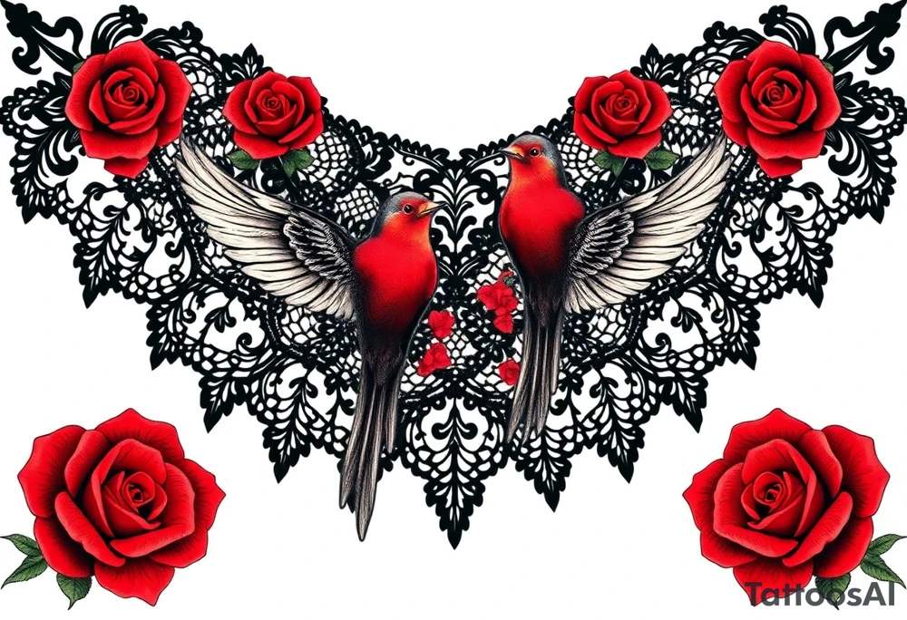 Vintage black lace, red roses, red birds, vintage, wrap around, tighter together, no space open tattoo idea