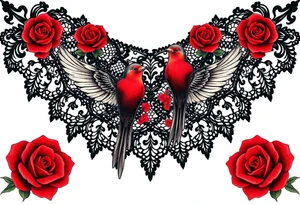 Vintage black lace, red roses, red birds, vintage, wrap around, tighter together, no space open tattoo idea
