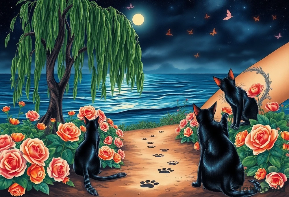 Night time. Ocean.  weeping willow garden with roses and liles flower beds. fantasy creatures, fairies, mermiads, dragons butterflies,  cat paw prints path in dirt. Black and orange cats tattoo idea