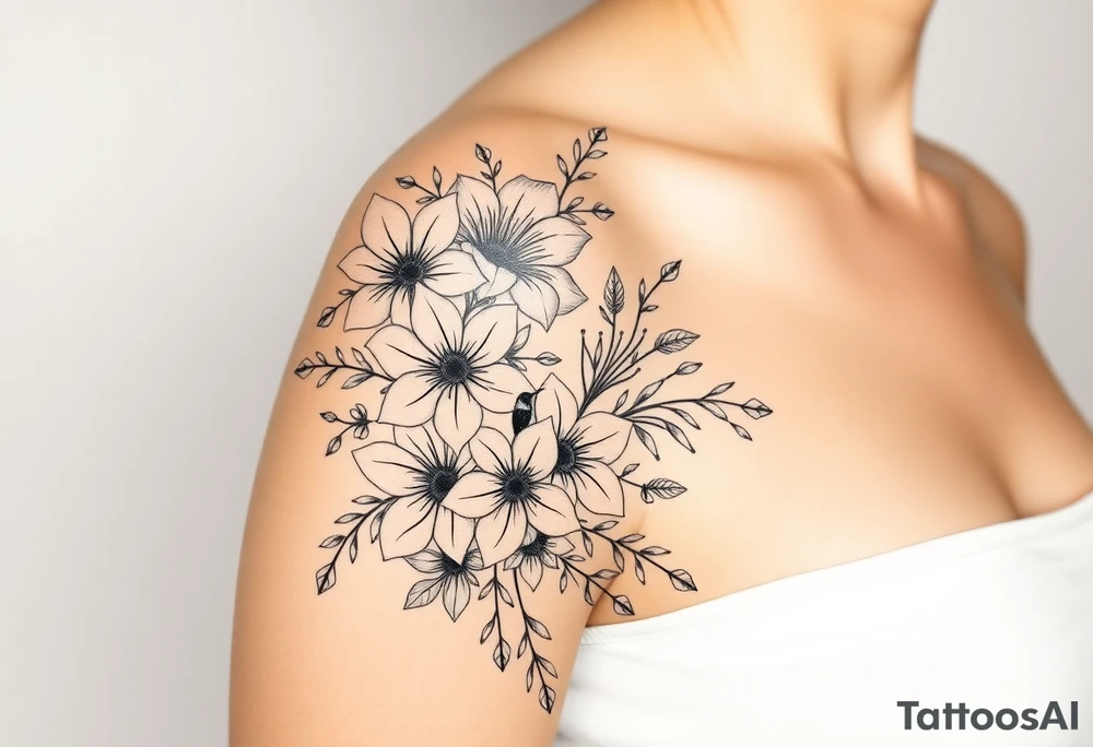 Can you create an image of a tattoo that will go on my upper arm including the following floral arrangement done very light handed and with soft lines- 1 large violet, 1 large carnation, 1 large lily of the valley, 1 large narcicuss, 1 medium carnation, 1 medium violet, 1 small dafodil, 2 small water lillies, and 1 small chrysanthemum. Add a small hummingbird drinking out of the large narcicuss. I want it on my upper right arm on the outside but slightly wrapping around the outer arm. I would like some greenery to fill in spaces as well. Make it large enough to fill my upper arm. I want the flowers to have dramatic and realistic shading. Make the tattoo more vertical than horizontal and put it on a female's arm with medium tan skin. tattoo idea