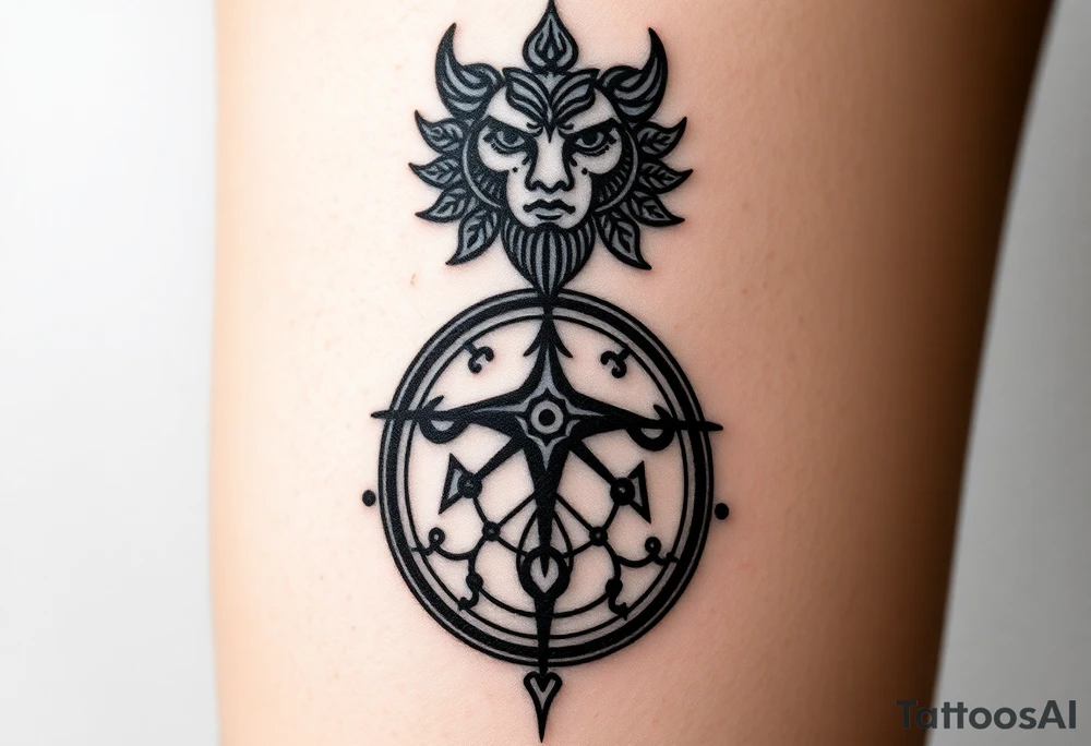This tattoo is an ancient mark of power, as if carved not with ink, but with blood and time. Its vertical composition resembles a ritual totem that connects the three levels of existence: spirit, body, and path.

At the center lies a sacred runic symbol — a seal of inner strength and protection. It serves as a key to hidden knowledge and a talisman for one who walks their own path without looking back.
The broken lines and scarred ink appear as if the symbol was drawn in a trance, during an ancient ritual.

The upper part resembles the face of a forgotten god or a guardian spirit watching from above. The lower part is a runic compass of fate, guiding through chaos, darkness, and trials.
Every stroke is a spell. Every symbol is an oath.

This tattoo is not for everyone.
It is for those who embrace the shadow, are unafraid of the darkness, and know that true power is born within. tattoo idea