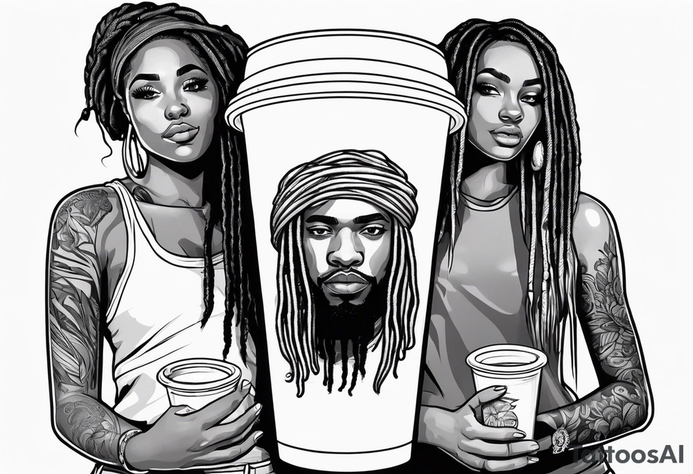 Black guy with dreads inside a foam cup with two girls tattoo idea