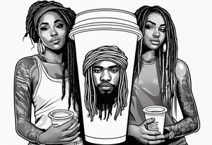 Black guy with dreads inside a foam cup with two girls tattoo idea