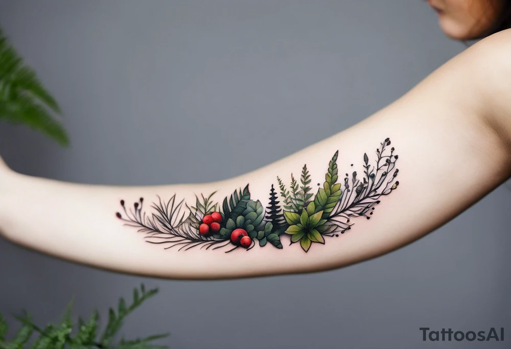 forest floor inspired minimalist tattoo, which includes grass, curly ferns, moss and dead leaves as the bulk of the tattoo. details to include: forest berries, a tiny bumblebee flying nearby, three small brown mushrooms
Generate a vertically long one tattoo idea