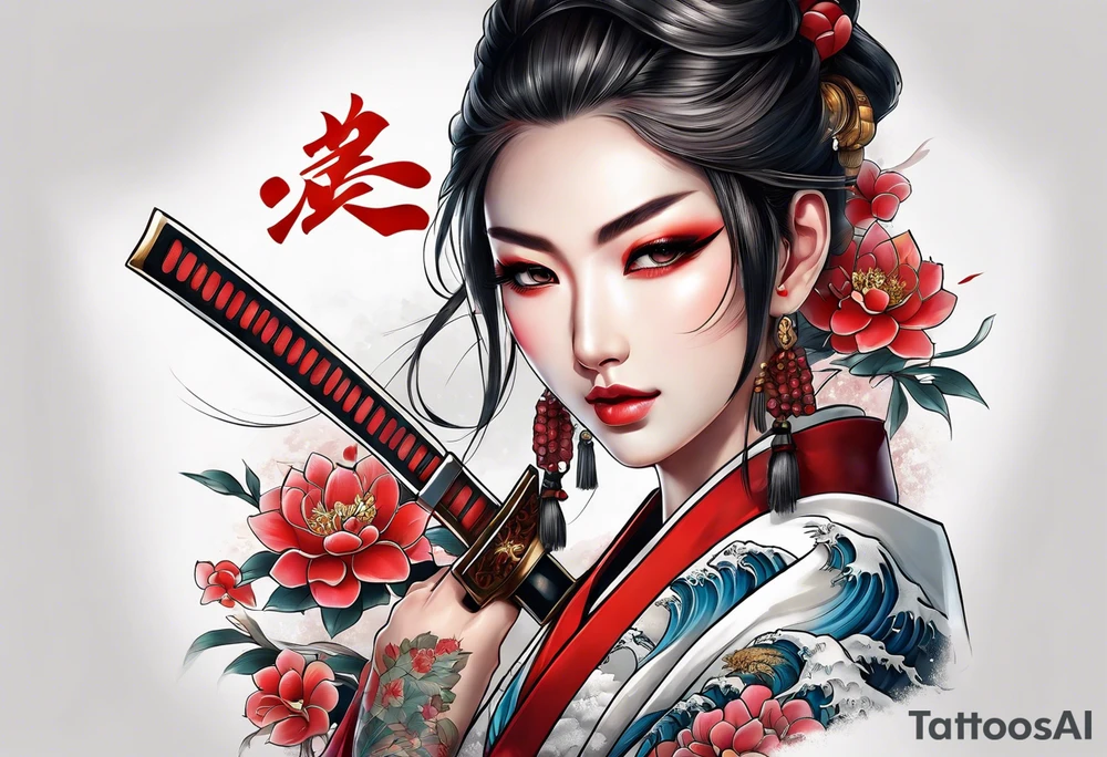 samuri with katana on top of a japanese beauty female tattoo idea