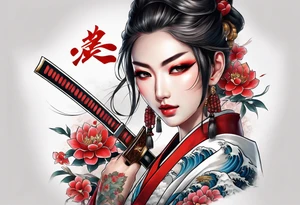 samuri with katana on top of a japanese beauty female tattoo idea