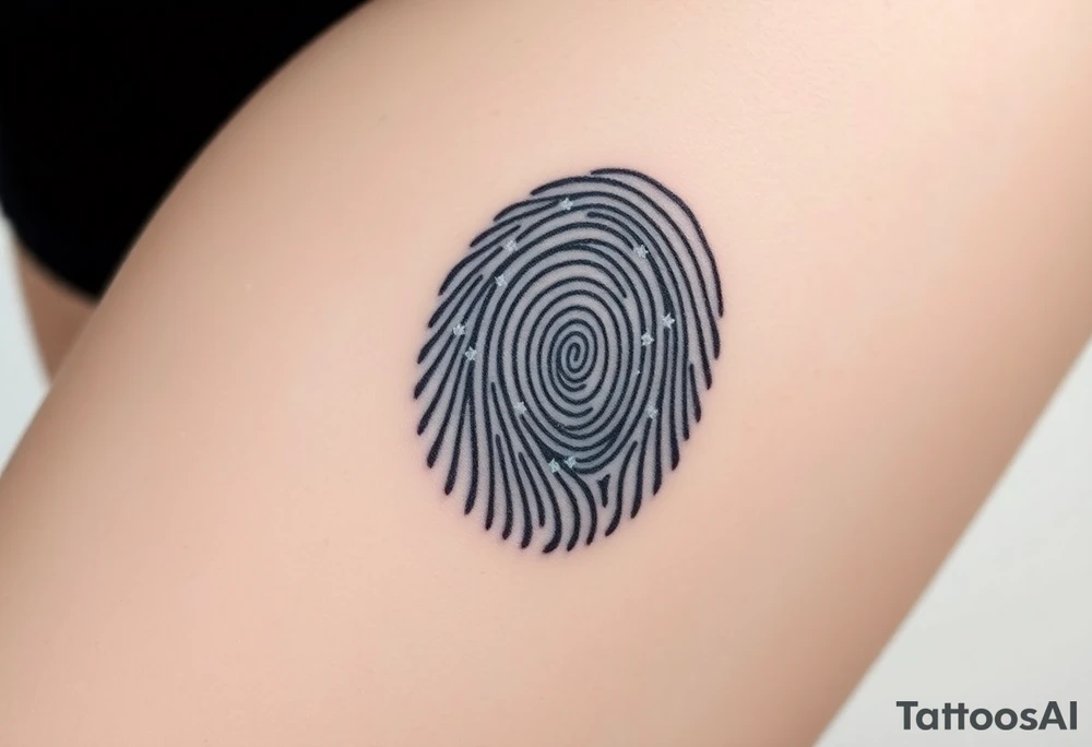 A fingerprint with embedded tiny silver stars and a deep indigo gradient, giving it a cosmic and ethereal appearance tattoo idea