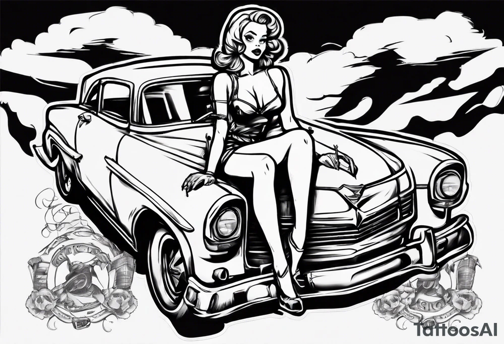 pinup doll sitting on the hood of an old car tattoo idea