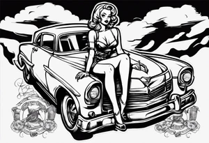 pinup doll sitting on the hood of an old car tattoo idea