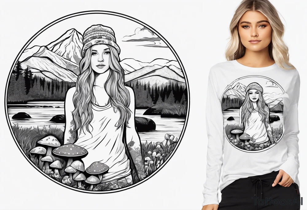 Whole picture encircled fully

Straight long blonde hair hippie girl in distance holding mushrooms in hand facing away toward mountains and creek surrounded by mushrooms long sleeve shirt and hiking pants; whole rendering within a full circle, no cut off circle tattoo idea