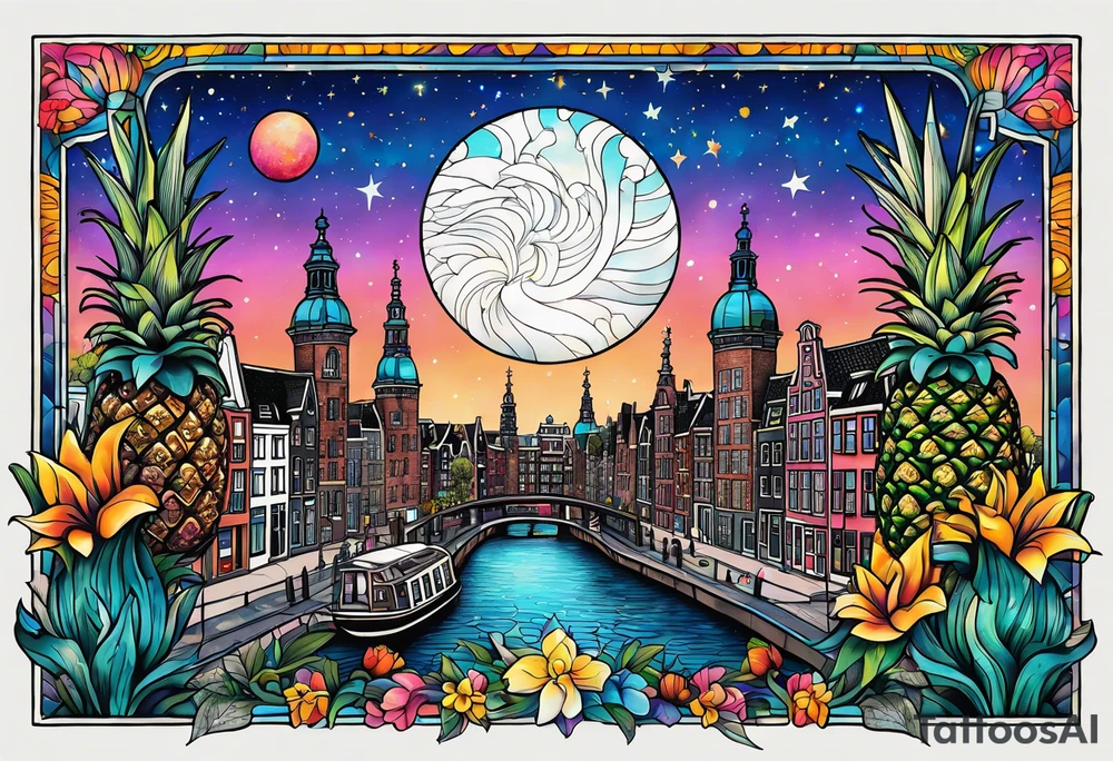 glass animals featuring colours of the universe and galaxies and pineapples in amsterdam city featuring Amsterdam buildings and canal tattoo idea