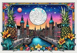 glass animals featuring colours of the universe and galaxies and pineapples in amsterdam city featuring Amsterdam buildings and canal tattoo idea