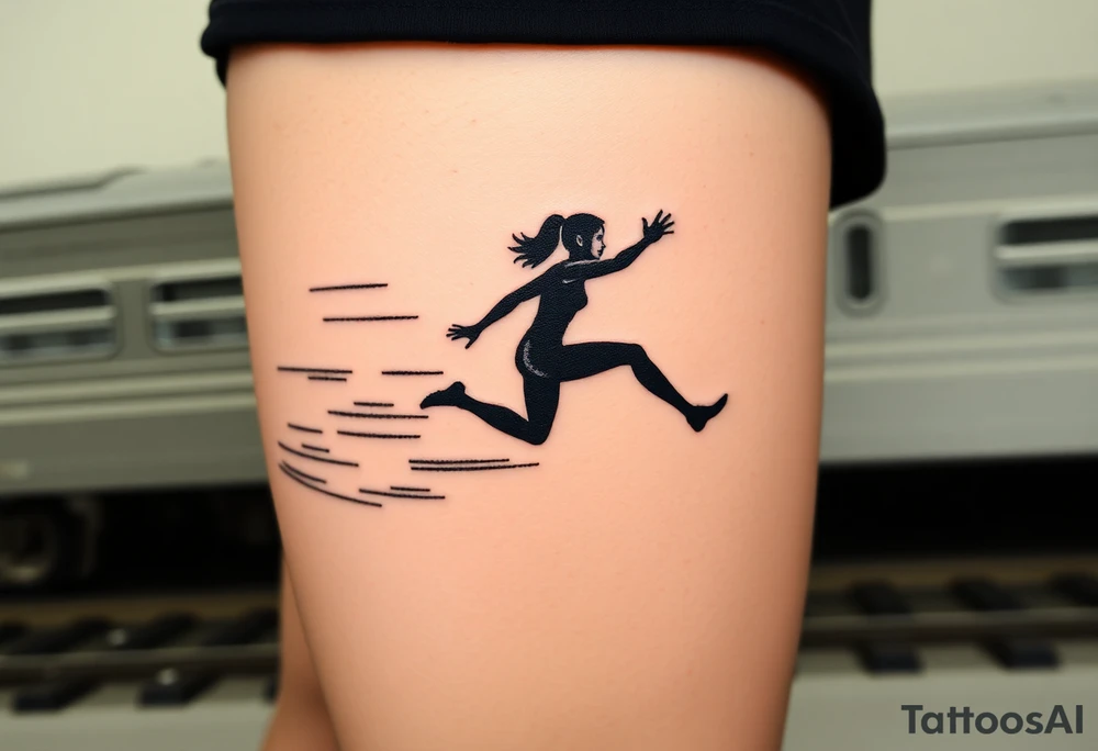 A silhouette of Tris jumping from a train, with motion blur effects to capture the speed and thrill of Dauntless initiation, representing movie Divergent tattoo idea