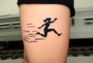 A silhouette of Tris jumping from a train, with motion blur effects to capture the speed and thrill of Dauntless initiation, representing movie Divergent tattoo idea