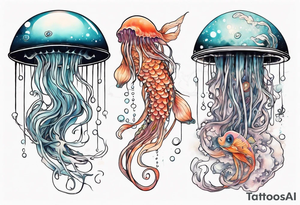 1 jellyfish with the moon in the lid. Then with koi carp and jellyfish swimming amongst the tentacles tattoo idea