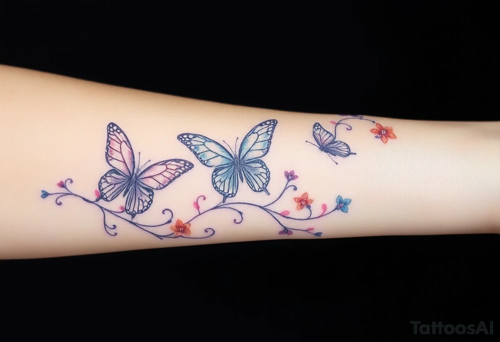 ethereal butterflies with flowing silk ribbons with vines of flowers tattoo idea
