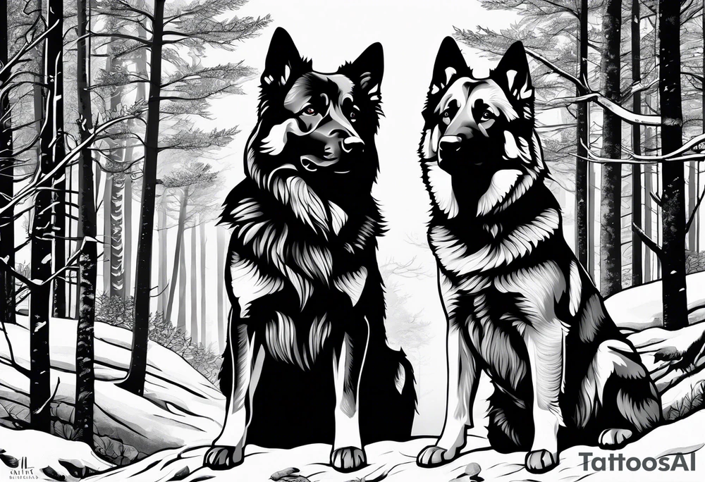 two norwegian elkhounds guarding a dark forest tattoo idea