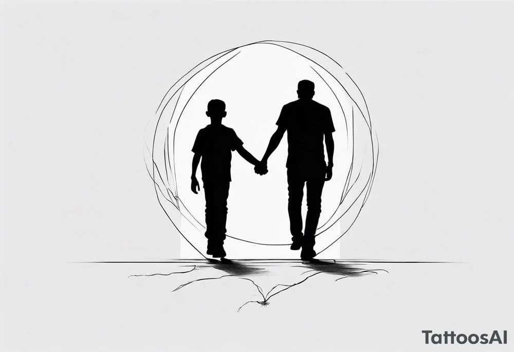 father and son walk away holding hands, just an outline tattoo idea
