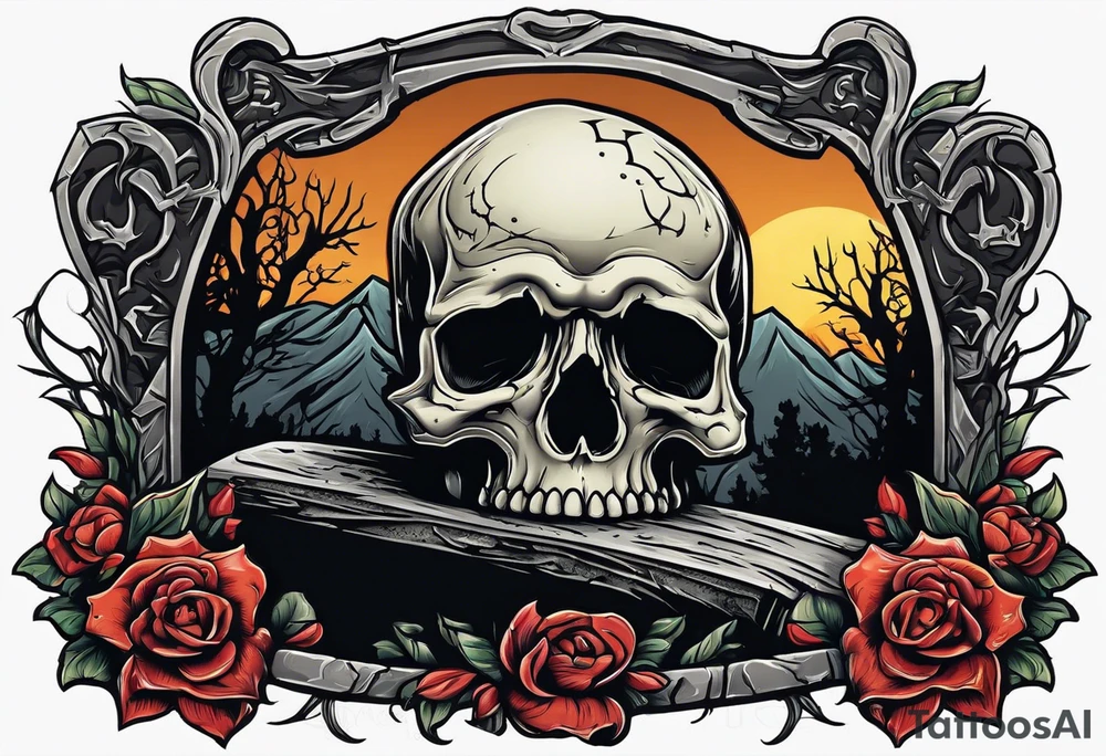 Skeleton crawling out of grave. 
MIW Reincarnate written on gravestone tattoo idea