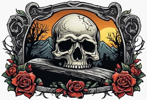 Skeleton crawling out of grave. 
MIW Reincarnate written on gravestone tattoo idea