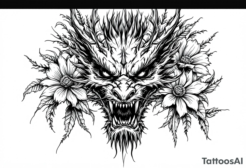 scary dragon face down with flowers tattoo idea