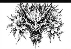 scary dragon face down with flowers tattoo idea