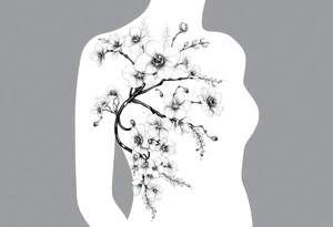 Orchid or cherry blossom tree and lotus and snake and angels on a woman tattoo idea