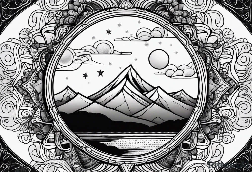 A moon that Drips at the bottom Surrounded by Mountains and waves. Mandala Style tattoo idea