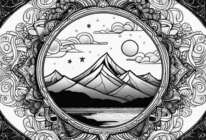 A moon that Drips at the bottom Surrounded by Mountains and waves. Mandala Style tattoo idea