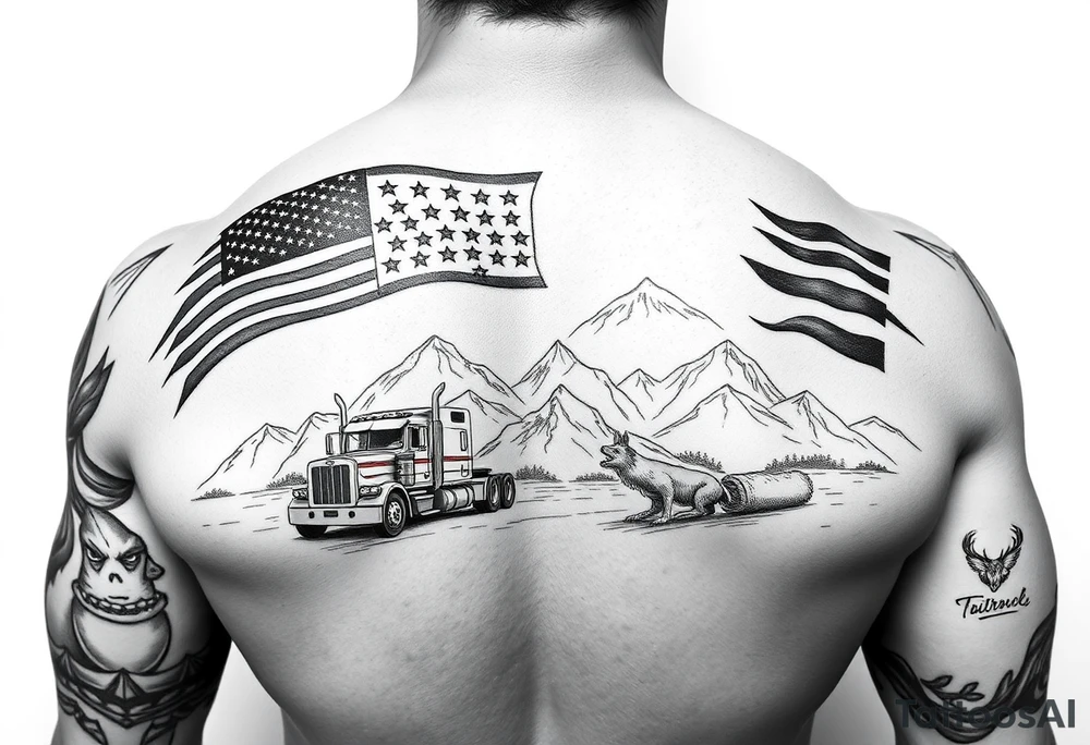 Masculin, American flag, country, mountains, wildlife, nature, racing , father of 4 trucks blue collar sleeve tattoo idea