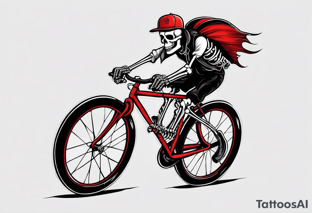 Lifelike skeleton wearing licra and cap rides a road bicycle. The skeleton is grinning at the viewer. There is no background image tattoo idea