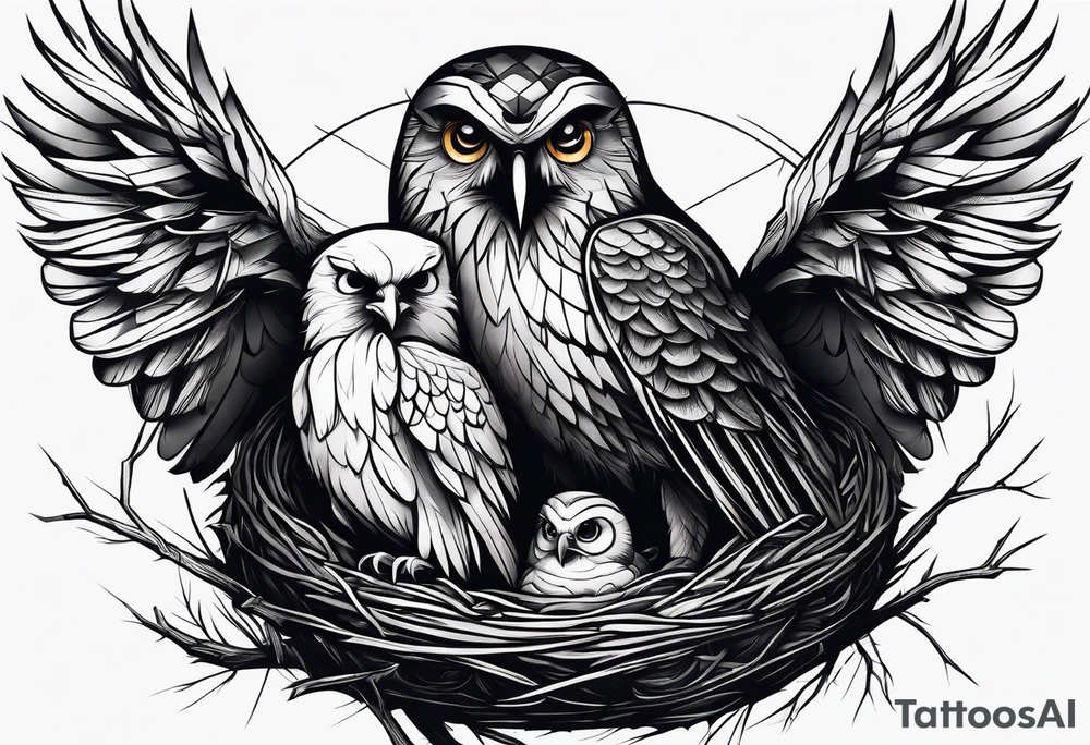 Owl, raven, eagle cuddled in a nest, birdseye view tattoo idea