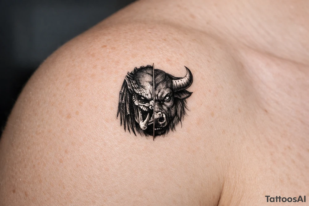 a face half predator half bull tattoo idea