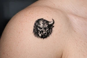 a face half predator half bull tattoo idea