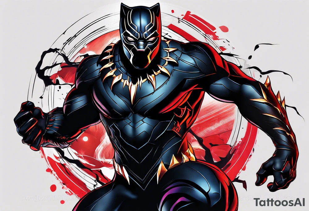 unique black panther tattoo, dynamic pose, showcasing its strength and grace, striking red eyes, intense and captivating elements, artistic flair, blending realism with abstract elements tattoo idea