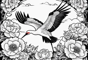 Japanese crane flying through peonies tattoo idea