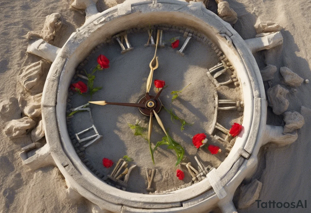 un reloj de arena que dentro de él habrá un barco enterrado en la arena, y al pie del reloj habrán flores. Bajo las flores habrá un papelito que diga "Atiny" y de él saldrán enredaderas con hojas pequeñas encerrando el reloj y arriba cerrará con un papelito que diga "Star1117" tattoo idea