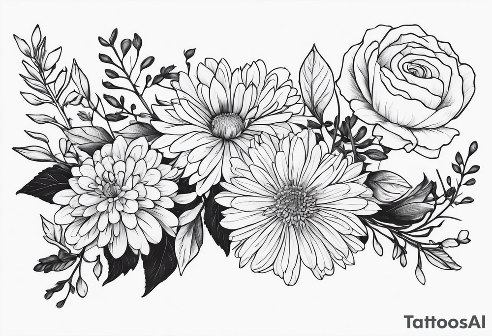 Asters, roses, hawthorns, and chrysanthemums in a long line tattoo idea