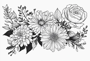 Asters, roses, hawthorns, and chrysanthemums in a long line tattoo idea