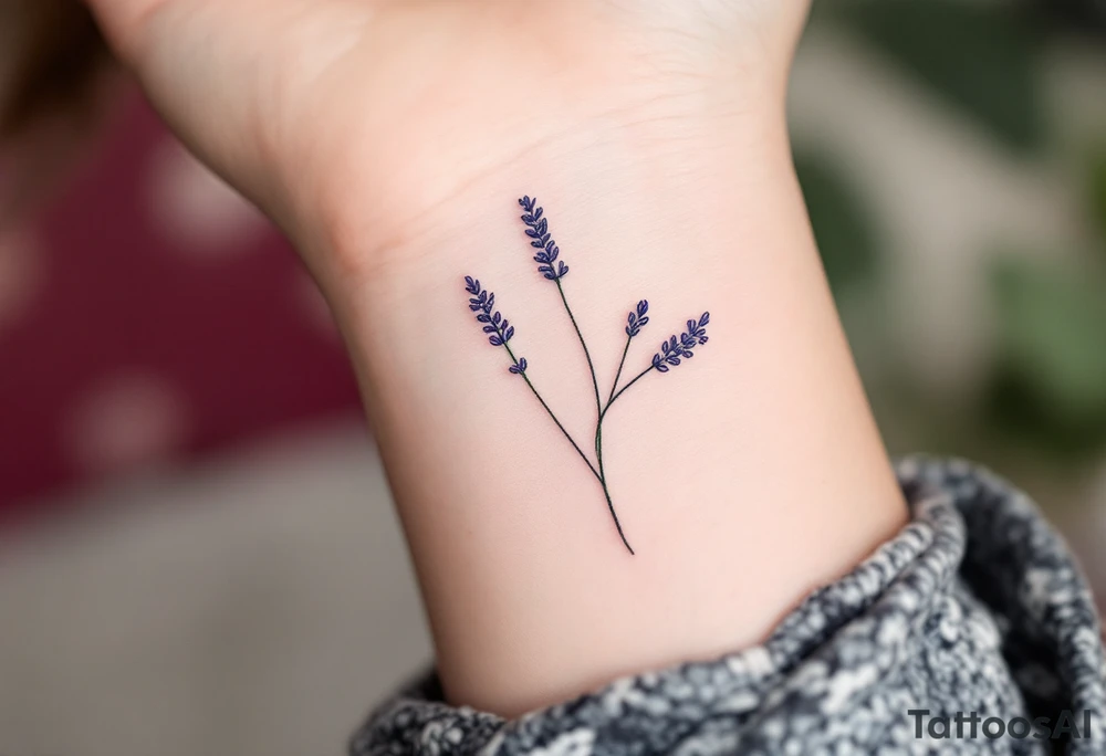 A minimalist line-art lavender sprig, with a subtle touch of violet and pastel green for a delicate and modern aesthetic. tattoo idea