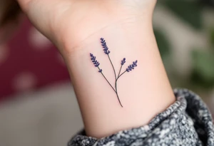 A minimalist line-art lavender sprig, with a subtle touch of violet and pastel green for a delicate and modern aesthetic. tattoo idea