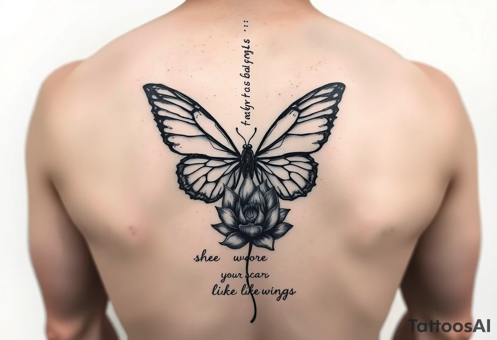 butterfly with cracked wings and lotus flower with quote that says “she wore her scars like wings” all down spine but very elegant towards lower back tattoo idea