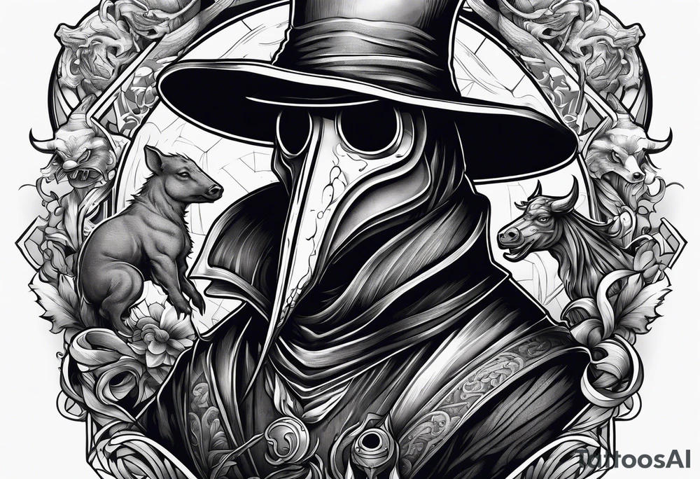 plague doctor surrounded by a scary boar, bull, pitbul, and snake for sleeve tattoo tattoo idea