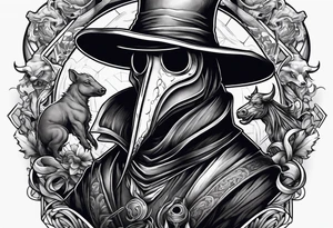 plague doctor surrounded by a scary boar, bull, pitbul, and snake for sleeve tattoo tattoo idea